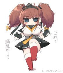 Rule 34 | 1girl, atlanta (kancolle), blue eyes, blush, breasts, brown hair, check commentary, chibi, commentary request, cosplay, earrings, hair ornament, headband, highres, jewelry, kantai collection, large breasts, leg up, looking at viewer, open mouth, propeller hair ornament, simoyuki, solo, star (symbol), star earrings, teruzuki (kancolle), teruzuki (kancolle) (cosplay), trait connection, translation request, twintails, two side up