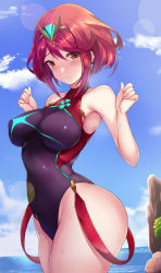 Rule 34 | 1girl, black one-piece swimsuit, blue sky, breasts, chest jewel, cloud, commentary request, competition swimsuit, day, earrings, gairou (takakuan), hair between eyes, headpiece, highres, jewelry, large breasts, looking at viewer, ocean, one-piece swimsuit, outdoors, pyra (pro swimmer) (xenoblade), pyra (xenoblade), red eyes, red hair, short hair, sky, solo, sweat, swimsuit, thighs, xenoblade chronicles (series), xenoblade chronicles 2