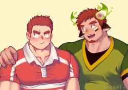 Rule 34 | 2boys, absurdres, animal ears, bara, blush, brown eyes, brown hair, couple, cow boy, cow ears, cow horns, dark skin, dark-skinned male, facial hair, fiery horns, forked eyebrows, glowing horns, goatee, green shirt, tamamura gunzo, hand on another&#039;s shoulder, highres, horns, looking at another, male focus, multiple boys, muscular, muscular male, open mouth, pectorals, pout, red shirt, rugby uniform, shirt, short hair, simple background, smile, spiked hair, sportswear, thick eyebrows, tight shirt, tokyo houkago summoners, upper body, wakan tanka, yang geon