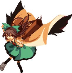 Rule 34 | 1girl, :d, arm cannon, asymmetrical footwear, black socks, black wings, bow, brown hair, cape, collared shirt, green bow, hair bow, long hair, looking at viewer, mismatched footwear, open mouth, pixel art, red eyes, reiuji utsuho, rrrssr, shirt, simple background, smile, socks, solo, third eye, touhou, transparent background, weapon, white background, white cape, wings
