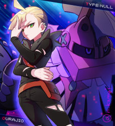Rule 34 | &gt;:(, 1boy, belt pouch, black pants, blonde hair, blue background, border, character name, closed mouth, creatures (company), drawstring, earclip, emphasis lines, frown, game freak, gen 7 pokemon, gladion (pokemon), green eyes, hair over one eye, hand over face, hand up, kamui natsuki, legendary pokemon, light particles, long sleeves, looking at viewer, male focus, nintendo, outside border, pants, pokemon, pokemon (creature), pokemon sm, pouch, projected inset, shade, standing, torn clothes, torn pants, torn sleeves, twitter username, type: null, v-shaped eyebrows