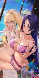 Rule 34 | 2girls, ahoge, armlet, bare shoulders, bikini, black bikini, blush, bottle, breasts, can, cleavage, collarbone, day, eyepatch bikini, fate/grand order, fate (series), food, glasses, glint, hair between eyes, highres, holding, holding can, holding food, hood, hooded jacket, huge breasts, jacket, jeanne d&#039;arc (fate), jeanne d&#039;arc (ruler) (fate), jeanne d&#039;arc (swimsuit archer) (fate), jeanne d&#039;arc (swimsuit archer) (second ascension) (fate), kakumayu, large breasts, long hair, looking at viewer, low-tied long hair, minamoto no raikou (fate), minamoto no raikou (fate/grand order), minamoto no raikou (swimsuit lancer) (fate), multiple girls, navel, ocean, one-piece swimsuit, open clothes, open mouth, outdoors, parted bangs, ponytail, purple bikini, purple eyes, purple hair, side-tie bikini bottom, sitting, smile, swimsuit, very long hair, whistle, whistle around neck, white jacket, white one-piece swimsuit