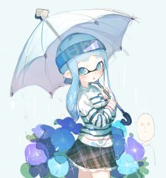 Rule 34 | 1girl, bad id, bad twitter id, blue eyes, blue hair, flower, hat, highres, inkling, inkling girl, inkling player character, long hair, mask, nintendo, open mouth, pointy ears, shirt, short hair with long locks, skirt, sprbouuz, tentacle hair, twintails, umbrella