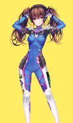 Rule 34 | 1girl, ;q, absurdres, alternate hairstyle, animal print, armor, artist name, blue bodysuit, bodysuit, boots, bracer, breasts, breasts apart, brown eyes, brown hair, bunching hair, closed mouth, covered navel, cowboy shot, d.va (overwatch), emblem, facepaint, facial mark, gloves, gluteal fold, hair between eyes, hands in hair, hands up, headphones, highres, knee pads, legs apart, logo, long hair, looking at viewer, medium breasts, one eye closed, overwatch, overwatch 1, pauldrons, pilot suit, rabbit print, ribbed bodysuit, sasucchi95, shoulder armor, shoulder pads, simple background, skin tight, smile, solo, standing, thigh boots, thigh strap, thighhighs, tongue, tongue out, turtleneck, twintails, whisker markings, white footwear, white gloves, yellow background