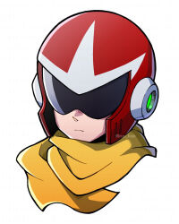 Rule 34 | 1boy, commentary request, helmet, highres, kys knn, light frown, male focus, mega man (classic), mega man (series), proto man, robot, scarf, shade, simple background, solo, upper body, white background, yellow scarf