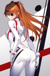 Rule 34 | 1girl, absurdres, ass, ass grab, blue eyes, bodysuit, breasts, closed mouth, commentary, curvy, evangelion: 3.0+1.0 thrice upon a time, eyepatch, from behind, grabbing own ass, hair between eyes, hand on own hip, highres, huge ass, interface headset, long hair, looking at viewer, looking back, neon genesis evangelion, orange hair, plugsuit, rebuild of evangelion, solo, souryuu asuka langley, standing, two side up, white bodysuit, yamanokami eaka