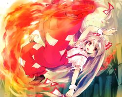 Rule 34 | 1girl, albino, arm up, bamboo, bamboo forest, fire, forest, fujiwara no mokou, full body, hair ornament, hair ribbon, kicking, long hair, looking at viewer, makuwauri, nature, open mouth, outstretched arm, pants, red eyes, ribbon, shirt, short sleeves, solo, torn clothes, torn sleeves, touhou, white hair, wrist cuffs