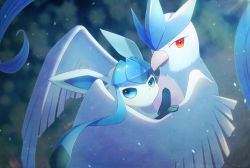 Rule 34 | alopias, articuno, blue eyes, blurry, closed mouth, creatures (company), game freak, gen 1 pokemon, gen 4 pokemon, glaceon, hug, legendary pokemon, looking to the side, mixed-language commentary, nintendo, no humans, pokemon, pokemon (creature), toes