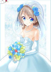 Rule 34 | 10s, 1girl, absurdres, bad id, bad pixiv id, blue eyes, blue flower, bouquet, bridal veil, brown hair, collarbone, dress, elbow gloves, flower, gloves, hair between eyes, hair flower, hair ornament, highres, holding, holding bouquet, jewelry, looking at viewer, love live!, love live! school idol festival, love live! sunshine!!, nanakusa (user rnpt7322), necklace, red flower, short hair, sleeveless, sleeveless dress, smile, solo, standing, strapless, strapless dress, veil, watanabe you, wedding dress, white dress, white flower, white gloves