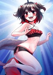 Rule 34 | 1girl, :d, akami chiyo, amai direct, bare arms, bare legs, bare shoulders, bikini, black bikini, black hair, black tail, breasts, claw pose, colored inner hair, commentary, doctor zexxck, fins, fish girl, fish tail, frilled bikini, frills, halterneck, head fins, highres, leg up, light rays, linea alba, medium hair, multicolored bikini, multicolored clothes, multicolored hair, navel, open mouth, piercing, red bikini, red eyes, red hair, red tail, sharp teeth, side-tie bikini bottom, small breasts, smile, solo, spanish commentary, stomach, sunbeam, sunburst, sunlight, swimsuit, tail, tail ornament, tail piercing, teeth, thighs, two-tone hair, two side up, v-shaped eyebrows, virtual youtuber