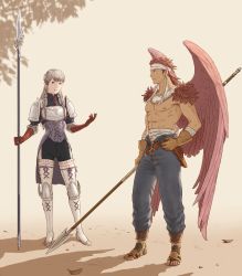 Rule 34 | 1boy, 1girl, absurdres, armor, belt, braid, brown gloves, brown hair, canopus wolph, cross-laced clothes, earrings, eye contact, fantasy, gloves, grey hair, headband, highres, jewelry, leaf, long hair, looking at another, muscular, parted lips, polearm, ravness loxaerion, shadow, spear, standing, stud earrings, tactics ogre, thighhighs, toes, weapon, white thighhighs, windcaller, wings