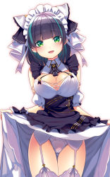 Rule 34 | 1girl, aqua hair, azur lane, black dress, black hair, breasts, cheshire (azur lane), cleavage, clothes lift, dress, dress lift, garter belt, garter straps, gluteal fold, green eyes, large breasts, lifting own clothes, looking at viewer, maid, maid headdress, multicolored hair, open mouth, panties, ribbon, short hair, simple background, smile, solo, streaked hair, thigh gap, thighhighs, thighs, underwear, usume shirou, white background, white panties, white thighhighs, wrist cuffs