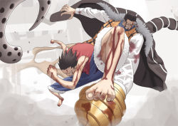 Rule 34 | &gt;:(, 2boys, alsea, bare arms, barefoot, battle, black hair, blood, blood on clothes, blood on face, blood on hands, broken, clenched hands, clenched teeth, coat, crocodile (one piece), dust, frown, fur coat, hook hand, long sleeves, male focus, monkey d. luffy, multiple boys, no headwear, one piece, sand, scar, shirt, short hair, shorts, teeth, v-shaped eyebrows, vest