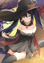 Rule 34 | 1girl, alternate costume, aqua eyes, bare tree, black dress, black hair, black thighhighs, breasts, capelet, closed mouth, commentary request, detached sleeves, dress, full moon, fur collar, genshin impact, halloween, halloween costume, hat, hat ornament, highres, jewelry, kanaria hisagi, long hair, medium breasts, mona (genshin impact), mona (halloween) (genshin impact), moon, night, night sky, pendant, pumpkin, sidelocks, sitting, sky, smile, solo, star (sky), starry sky, strapless, strapless dress, thighhighs, tree, twintails, very long hair, witch hat, zettai ryouiki