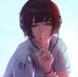 Rule 34 | 1girl, arm up, blue eyes, bracelet, brown hair, commentary, finger to mouth, guweiz, headphones, jewelry, original, patreon username, shirt, short hair, solo, white background, white shirt