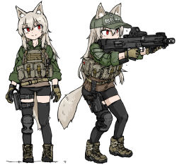 Rule 34 | 1girl, 2022, aiming, animal ear fluff, animal ears, ash-12.7, assault rifle, battle rifle, bullpup, closed mouth, dutchko, escape from tarkov, fox ears, fox tail, full body, glock, gloves, grey hair, gun, hair between eyes, handgun, hat, highres, holding, holding gun, holding weapon, holstered, long sleeves, military, multiple views, red eyes, rifle, shak-12, shoes, shorts, smile, solo, standing, tail, thighhighs, weapon
