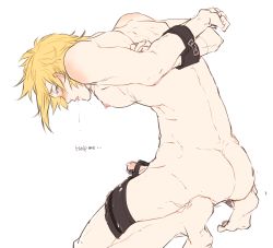 Rule 34 | 1boy, ass, barefoot, blonde hair, blush, drooling, erection, final fantasy, final fantasy xv, highres, kneeling, leather, male focus, nude, penis, prompto argentum, restrained, saliva, solo