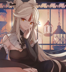 Rule 34 | 1girl, 7aka ne11, alternate costume, arm support, bare shoulders, black dress, bow, bowtie, breasts, cleavage, commentary request, detached collar, detached sleeves, dress, genshin impact, hair ornament, hairpin, highres, long hair, looking at viewer, lying, ningguang (genshin impact), on side, orange eyes, sidelocks, smile, solo, strapless, strapless dress, white hair
