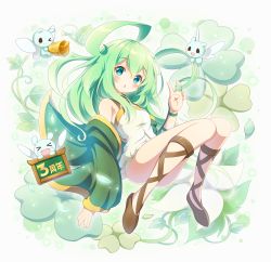Rule 34 | &gt; &lt;, 1girl, :d, > <, ahoge, aqua eyes, bad id, bad pixiv id, bell, blush, blush stickers, character request, clover, commentary request, four-leaf clover, full body, green hair, highres, last period, neru (neruneruru), one eye closed, open mouth, smile, solo, translation request, wings, xd