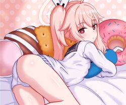 Rule 34 | 1girl, ass, blue archive, blush, cardigan, closed mouth, commentary, dot mouth, feet out of frame, halo, highres, io9, long sleeves, looking at viewer, looking back, lying, natsu (blue archive), no pants, hugging object, on stomach, panties, pink eyes, pink hair, pink halo, shiny skin, side ponytail, solo, thighs, underwear, white cardigan, white panties
