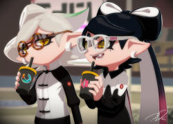 + +, 2girls, artist name, bangs, bespectacled, black hair, black shirt, blurry, blurry background, brown-framed eyewear, brown eyes, callie (splatoon), chinese clothes, collared shirt, cousins, cup, depth of field, disposable cup, domino mask, drinking, drinking straw, earrings, gameplay mechanics, glasses, gradient hair, green hair, grey hair, half-closed eyes, high collar, holding, holding cup, inkling (language), jewelry, logo, long hair, looking at another, looking at viewer, marie (splatoon), mask, medium hair, mole, mole under eye, multicolored hair, multiple girls, nintendo, no headwear, pointy ears, puchiman, purple hair, raglan sleeves, round eyewear, shirt, signature, splatoon (series), standing, swept bangs, symbol commentary, tangzhuang, tentacle hair, tied hair, white-framed eyewear, white shirt, wing collar