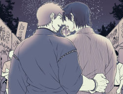 Rule 34 | 2boys, adventurer (ff14), ardbert hylfyst, back, blush, closed eyes, couple, facial hair, final fantasy, final fantasy xiv, fireworks, food, greyscale, highres, holding, holding food, hyur, incoming food, japanese clothes, kimono, looking at another, male focus, monochrome, multiple boys, night, open mouth, outdoors, short hair, smile, stubble, upper body, warrior of light (ff14), yaoi, yomotsuki road