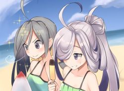 Rule 34 | &gt;:), 10s, 2girls, ahoge, alternate costume, asashimo (kancolle), banana popsicle, bare shoulders, beach, camisole, casual, cloud, commentary request, day, eyebrows, grey hair, grin, hair over one eye, holding, kantai collection, kiyoshimo (kancolle), long hair, looking at another, looking down, multiple girls, ocean, outdoors, ponytail, sensen, sky, smile, sparkle, v-shaped eyebrows