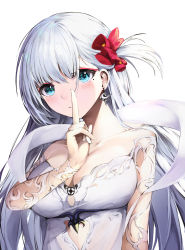 Rule 34 | 1girl, alternate costume, azur lane, blacktheif, blue eyes, blush, breasts, cleavage, dress, earrings, finger to mouth, hair ornament, hair scrunchie, highres, index finger raised, jewelry, large breasts, long hair, looking at viewer, mole, mole under eye, one side up, scrunchie, see-through, shoukaku (azur lane), shoukaku (the crane that dances with the wind) (azur lane), shushing, silver hair, simple background, solo, white background, white dress