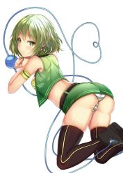 Rule 34 | 1girl, alternate costume, armband, ass, bare arms, bare shoulders, belt, black belt, black footwear, black thighhighs, breasts, clothes lift, commentary request, crop top, ebi 193, feet out of frame, green eyes, green hair, green panties, green skirt, green vest, heart, heart of string, komeiji koishi, looking at viewer, looking back, medium breasts, midriff, miniskirt, no headwear, panties, pencil skirt, shoes, short hair, simple background, skindentation, skirt, skirt lift, smile, solo, striped clothes, striped panties, thighhighs, thighs, third eye, touhou, underwear, vest, white background