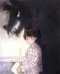 Rule 34 | 1boy, absurdres, black eyes, black hair, blush, candle, candlestand, child, collared shirt, highres, holding, holding candle, long sleeves, looking at viewer, male focus, original, pajamas, plaid, plaid shirt, shadow, shirt, short hair, solo, tears, yoovora