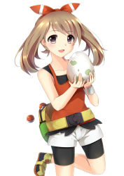 Rule 34 | 10s, 1girl, bare shoulders, bike shorts, brown eyes, brown hair, creatures (company), egg, game freak, highres, may (pokemon), may (pokemon oras), natsume kei, nintendo, poke ball, poke ball (basic), pokemon, pokemon oras, shorts, solo