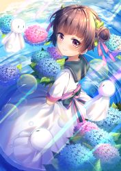 Rule 34 | 1girl, :3, back bow, blunt bangs, bow, braid, brown hair, bubble, closed mouth, cloud, commentary request, double bun, dress, flower, from above, hair bun, hair ribbon, highres, holding, holding flower, hydrangea, leaf, looking at viewer, looking to the side, original, partially submerged, purple eyes, reflection, ribbon, ripples, sailor collar, sky, smile, solo, teruterubouzu, torokeru none, water, white dress