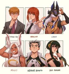 Rule 34 | absurdres, animal ears, artist name, black choker, black hair, black necktie, boku no hero academia, bokuto koutarou, breasts, chainsaw man, chalseu, character name, choker, commentary, cyno (genshin impact), dagger, dark-skinned female, dark skin, earrings, egyptian clothes, english commentary, formal, genshin impact, gloves, gold earrings, gold hairband, grey hair, grey jacket, grin, haikyuu!!, hair over one eye, hairband, highres, holding, holding dagger, holding knife, holding weapon, jacket, jacket on shoulders, jewelry, knife, large breasts, long eyelashes, long hair, makima (chainsaw man), medium breasts, mirko, mob psycho 100, multiple drawing challenge, muscular, muscular female, necktie, orange eyes, orange hair, pointing, purple necktie, rabbit ears, raised eyebrow, red eyes, red hair, reigen arataka, reverse grip, shirt, sidelocks, signature, six fanarts challenge, smile, spy x family, stiletto (weapon), suit, weapon, white gloves, white hair, white jacket, white shirt, yellow eyes, yor briar
