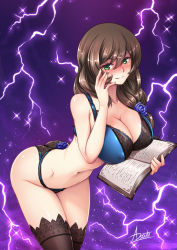 Rule 34 | 1girl, adsouto, ass, blush, book, bra, breasts, brown hair, cleavage, covered erect nipples, genshin impact, green eyes, highres, lace, lace-trimmed bra, lace trim, large breasts, lingerie, lisa (genshin impact), looking at viewer, signature, smile, tagme, thighhighs, underwear