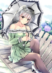 Rule 34 | 1girl, bad id, bad pixiv id, bare shoulders, black bow, black hairband, black ribbon, blush, bow, braid, breasts, brown eyes, brown pantyhose, casual, cloud, cloudy sky, collarbone, commentary request, day, dress, flower, frills, hair bow, hair ribbon, hairband, high heels, highres, holding, holding umbrella, hydrangea, knees up, kobayashi chisato, leaf, long hair, long sleeves, looking at viewer, original, outdoors, pantyhose, parted lips, pink lips, plant, ribbon, short dress, silver hair, sitting, sky, small breasts, solo, strapless, strapless dress, tassel, teeth, twin braids, umbrella, white footwear, wrist cuffs