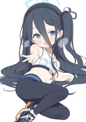 Rule 34 | 1girl, absurdly long hair, aris (blue archive), black footwear, black hair, black pants, blue archive, blue eyes, blush, breasts, breath, gamuo, hairband, halo, legs, long hair, long hair between eyes, lying, navel, on side, one side up, open mouth, outstretched arm, pants, ribbon, shoes, small breasts, smile, solo, sports bra, thighs, tight clothes, tight pants, v, very long hair, white sports bra