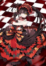 Rule 34 | 1girl, antique firearm, bare shoulders, black footwear, black hair, bow, breasts, checkered floor, cleavage, clock eyes, colorized, date a live, detached sleeves, dress, dyantocialong (user ryvm5275), firearm, firelock, flintlock, gothic lolita, gun, hairband, heterochromia, highres, lolita fashion, lolita hairband, long hair, looking at viewer, medium breasts, red eyes, ribbon, smile, solo, symbol-shaped pupils, tokisaki kurumi, twintails, uneven twintails, weapon, yellow eyes