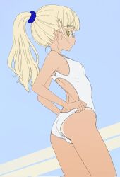 Rule 34 | 1girl, aohashi ame, ass, blonde hair, blush, breasts, closed mouth, glasses, highres, long hair, looking at viewer, one-piece swimsuit, perrine h. clostermann, ponytail, shoulder blades, sketch, small breasts, solo, strike witches, swimsuit, tan, tanline, white one-piece swimsuit, world witches series, yellow eyes