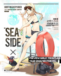 Rule 34 | 1girl, bare legs, barefoot, bikini, bird, black bikini, black eyes, blonde hair, blush, braid, breasts, chair, character name, cleavage, closed mouth, cup, earrings, eyewear on head, feet, full body, girls&#039; frontline, hair ornament, holding, holding cup, innertube, jewelry, logo, long hair, low twintails, medium breasts, navel, noto tsugumi, official alternate costume, official art, parted bangs, serdyukov (crow lifeguard) (girls&#039; frontline), serdyukov (girls&#039; frontline), sidelocks, sitting, solo, star (symbol), star earrings, stomach, sunglasses, swim ring, swimsuit, thighs, toes, twin braids, twintails, w, weapon bag