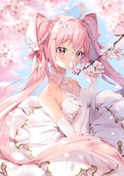 Rule 34 | 1girl, ahoge, arami o 8, blush, braid, branch, breasts, cherry blossoms, commentary request, day, dress, elbow gloves, flower, gloves, hair flower, hair ornament, hair ribbon, hand on own chest, hatsune miku, heart, heart ahoge, highres, holding, layered dress, long hair, looking at viewer, mixed-language commentary, outdoors, petals, pink flower, pink hair, pink ribbon, red eyes, ribbon, sakura miku, sleeveless, sleeveless dress, small breasts, smelling, solo, twintails, upper body, very long hair, vocaloid, white dress, white gloves