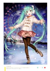 Rule 34 | 1girl, :d, absurdres, aqua eyes, aqua hair, black pantyhose, blush, boots, brown gloves, earmuffs, ferris wheel, forest, full body, gloves, hair ornament, hatsune miku, highres, huge filesize, jacket, leg up, long hair, long sleeves, looking at viewer, nature, night, night sky, official art, open mouth, outdoors, outstretched arms, pantyhose, scan, shirako miso, skirt, sky, smile, snow, snowing, solo, standing, standing on one leg, star (sky), teeth, tree, twintails, very long hair, vocaloid, winter, winter clothes