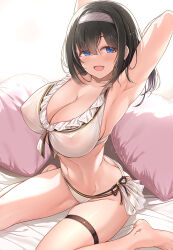 Rule 34 | 1girl, abs, alternate costume, armpits, backlighting, barefoot, bikini, black hair, blue eyes, blunt bangs, breasts, butt crack, cleavage, collarbone, commentary, cosplay, covered erect nipples, dot nose, duplicate, full moon, granblue fantasy, hairband, heart, heart-shaped pillow, highres, huge breasts, idolmaster, idolmaster cinderella girls, looking at viewer, looking away, medium hair, mk (mod0), moon, narmaya (granblue fantasy), narmaya (granblue fantasy) (cosplay), narmaya (summer) (granblue fantasy), navel, nipples, open mouth, parted bangs, pillow, sagisawa fumika, see-through, shadow, sitting, solo, spread legs, stomach, swimsuit, thigh strap, thighs, wariza, white bikini, white hairband