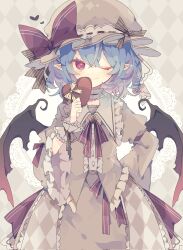Rule 34 | 1girl, argyle, argyle background, argyle clothes, bat wings, black wings, blue hair, blush, box, brooch, brown hat, brown shirt, brown skirt, buttons, closed mouth, collared shirt, corrupted twitter file, doily, frilled shirt collar, frilled sleeves, frills, gift, gift box, hair between eyes, hat, heart, heart-shaped box, highres, holding, holding gift, jewelry, long sleeves, looking at viewer, mob cap, nikorashi-ka, one eye closed, pointy ears, red eyes, remilia scarlet, shirt, short hair, skirt, smile, solo, touhou, upper body, valentine, wide sleeves, wings, wrist cuffs