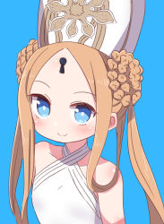 Rule 34 | 1girl, abigail williams (fate), abigail williams (swimsuit foreigner) (fate), abigail williams (swimsuit foreigner) (second ascension) (fate), bare shoulders, blue background, blue eyes, blush, braid, closed mouth, collarbone, commentary request, double bun, fate/grand order, fate (series), hair bun, hat, highres, keyhole, long hair, looking at viewer, naga u, one-piece swimsuit, parted bangs, sidelocks, simple background, smile, solo, swimsuit, twin braids, twintails, upper body, very long hair, white hat, white one-piece swimsuit