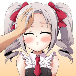 Rule 34 | 10s, 1girl, blush, bow, closed eyes, drill hair, forehead, frills, hair bow, hands on another&#039;s face, hands on another&#039;s head, idolmaster, idolmaster cinderella girls, kanzaki ranko, necktie, open mouth, silver hair, sleeveless, twintails, uraichishi