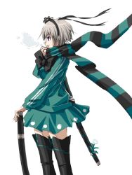 Rule 34 | 1girl, alternate costume, blue eyes, bokuden, boots, contemporary, female focus, hairband, jacket, katana, konpaku youmu, ribbon, scarf, short hair, silver hair, skirt, solo, striped clothes, striped scarf, sword, thigh boots, thighhighs, touhou, weapon