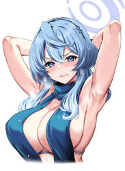 Rule 34 | 1girl, ako (blue archive), ako (dress) (blue archive), armpits, arms up, backless dress, backless outfit, blue archive, blue dress, blue eyes, blue hair, blue halo, blush, breasts, cleavage, commentary request, dress, halo, highres, kyogoku shin, large breasts, long hair, looking at viewer, official alternate costume, sideless dress, simple background, sleeveless, sleeveless dress, solo, upper body, white background
