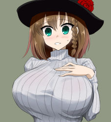 Rule 34 | 1girl, black hat, blush, braid, breasts, charlotte corday (fate), fate/grand order, fate (series), flower, green eyes, grey background, hand on own chest, hat, hat flower, huge breasts, long sleeves, looking at viewer, oro (zetsubou girl), ribbed sweater, rose, short hair, side braid, simple background, solo, sweater, turtleneck, turtleneck sweater, white sweater