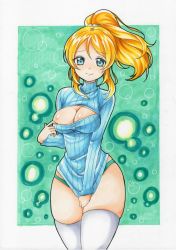 Rule 34 | ayase eli, breasts, cleavage, cleavage cutout, clothes pull, clothing cutout, covering crotch, covering privates, cowboy shot, green background, green panties, highres, legs together, love live!, love live! school idol project, mary0524, meme attire, no pants, outside border, panties, parted bangs, pulling own clothes, solo, standing, tagme, thighhighs, thighs, underwear, white thighhighs, wide hips