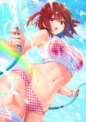 Rule 34 | 1girl, bikini, bikini under clothes, blue sky, bracelet, brown hair, checkered bikini, checkered clothes, commentary, crop top, day, holding, holding hose, hose, jewelry, looking at viewer, navel, open mouth, original, outdoors, rainbow, red bikini, shirt, short hair, skindentation, sky, sleeveless, sleeveless shirt, smile, solo, standing, swimsuit, swimsuit under clothes, two side up, ukamaru, water, water drop, white shirt